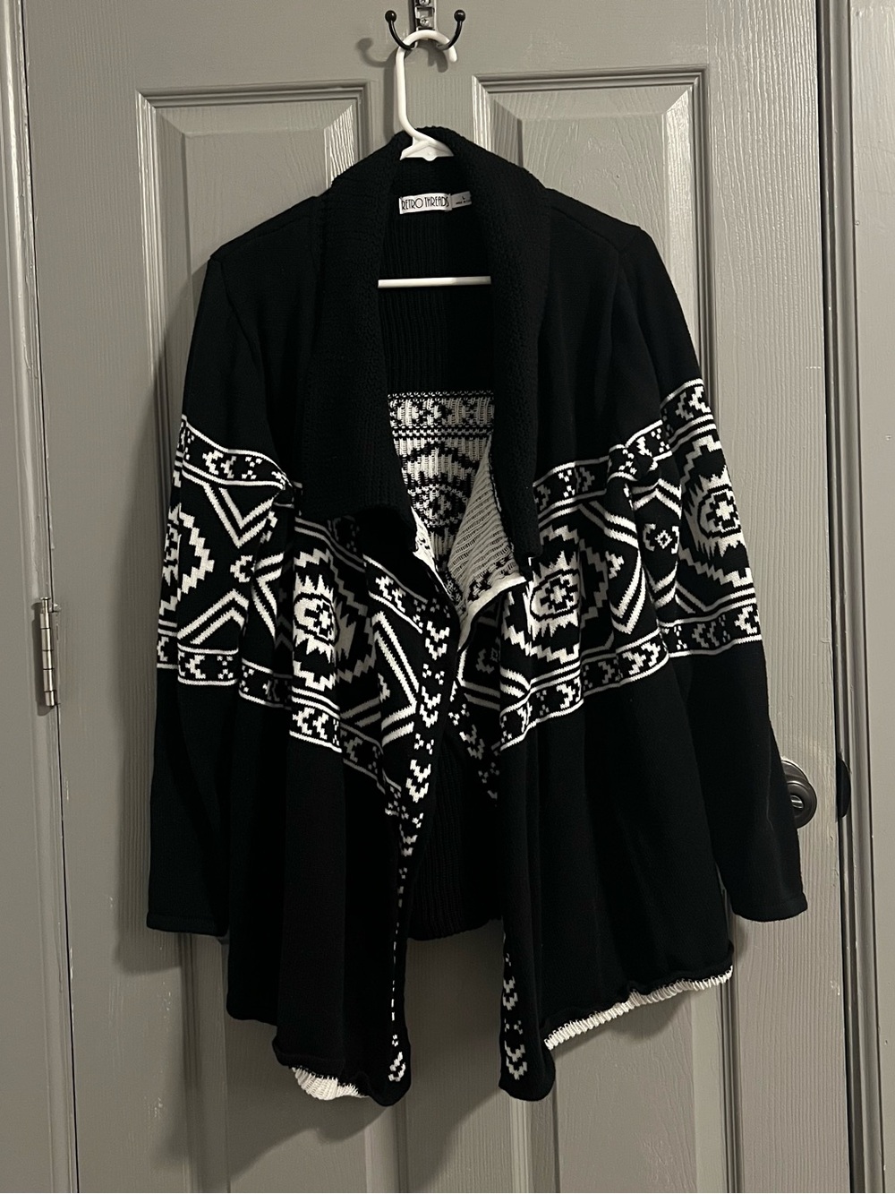 Retro Threads Black White Geometric Open-Front Cardigan Sweater Aztec Southwest